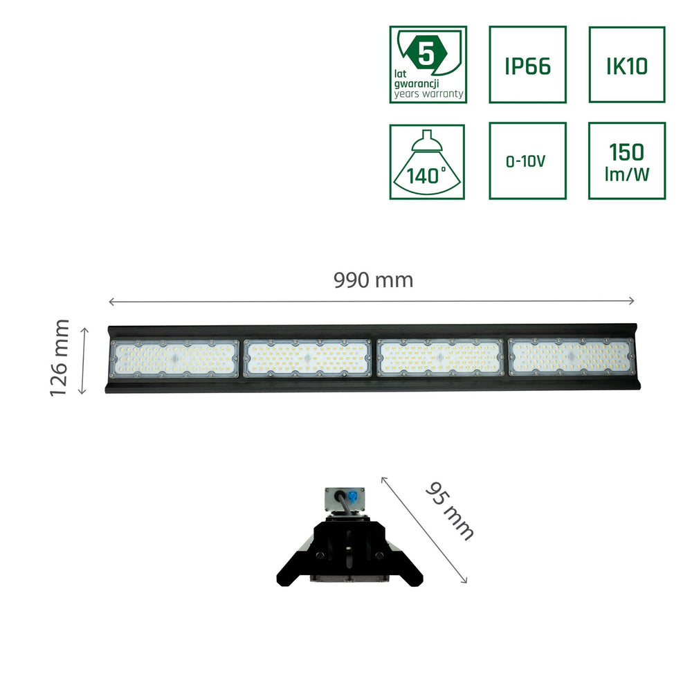 Suspension LED Spectrum Halls Line 200W noir, 4000K, 30000 lumens, dimmable, IP66, angle de 90°, éclairage industriel