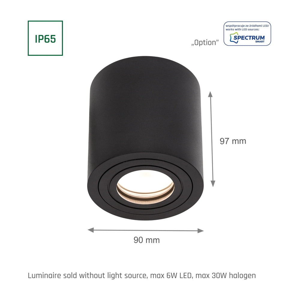 Spectrum CHLOE GU10 IP65 round black LED spotlight for indoor use, aluminum housing, 250V, 17000 lumens, surface mount
