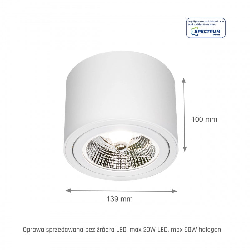 Spectrum CHLOE AR111 GU10 LED Ceiling Light, Adjustable Round White, Surface Mounted, IP20 20W Max