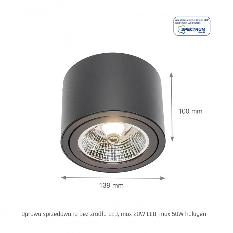 Spectrum CHLOE AR111 GU10 LED ceiling light, IP20, round adjustable Black aluminum housing, 20W max 250V