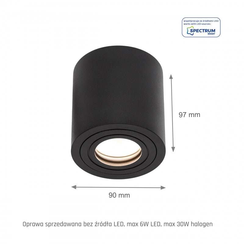 Spectrum CHLOE GU10 Surface-Mounted Ceiling Light, IP65 Black Aluminum Round Housing, 250V, 6W Max