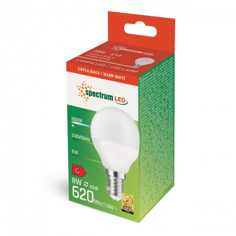 Spectrum LED Ball G45 E14 8W 230V 3000K Warm White bulb 710 lumens 160° beam non dimmable