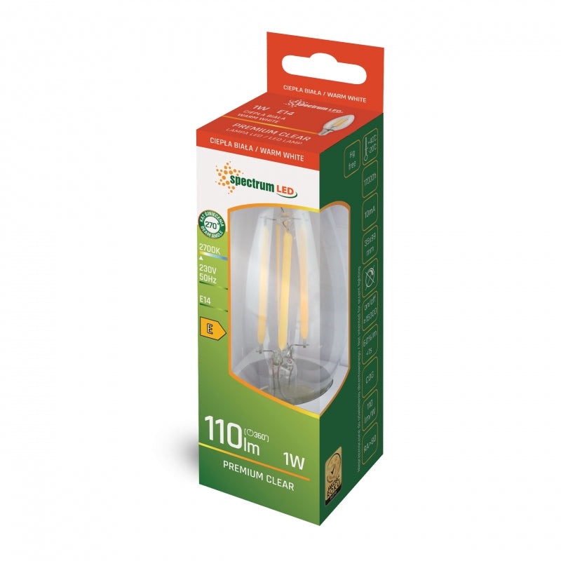 Spectrum LED Candle C35 E14 230V 1W COG 2700K Warm White Clear Glass 110 lumens Non Dimmable Indoor