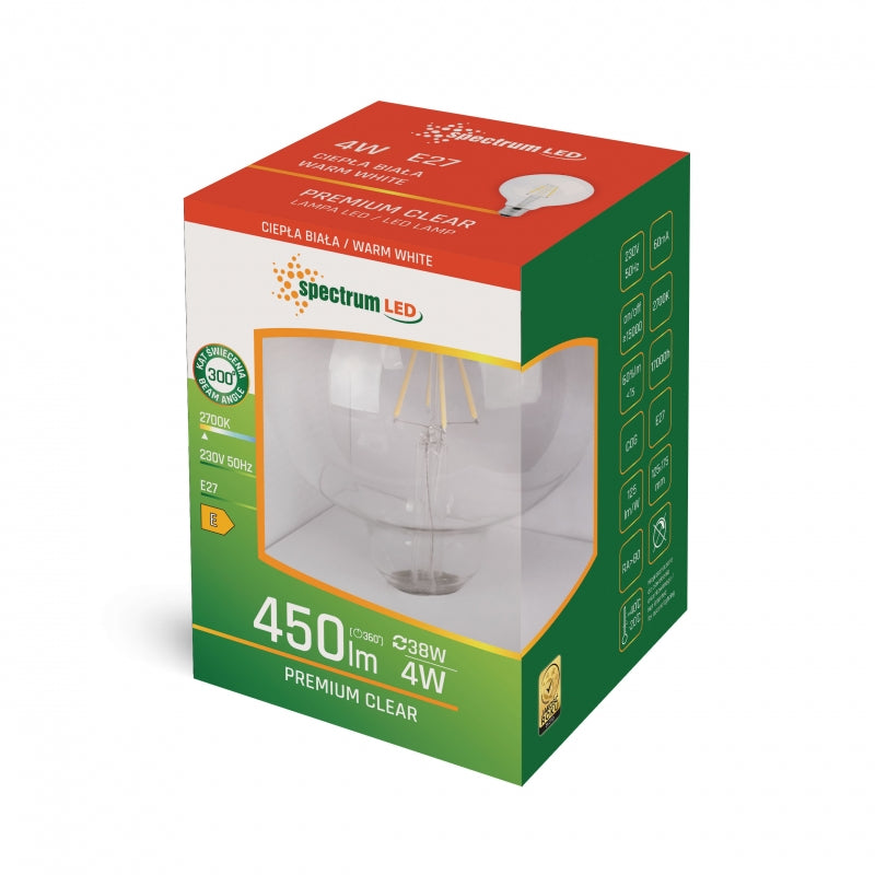 Ampoule à filament COG Globe LED Spectrum G95 E27 230V 4W 2700K Blanc chaud 450 lumens Verre transparent
