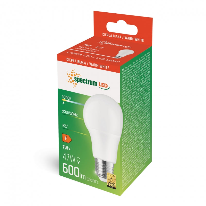 Ampoule LED Spectrum GLS A60 E27 7W 230V 3000K Blanc chaud 600 lumens Faisceau 270° Non-dimmable