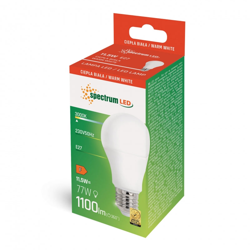 Ampoule Spectrum LED GLS A60 E27 230V 11.5W 3000K blanc chaud 1100 lumens faisceau 220° 17000h