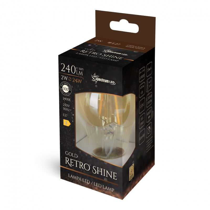 Spectrum LED GLS A60 E27 230V 2W Warm White Retroshine bulb 240 lumens 2400K 300° beam non dimmable