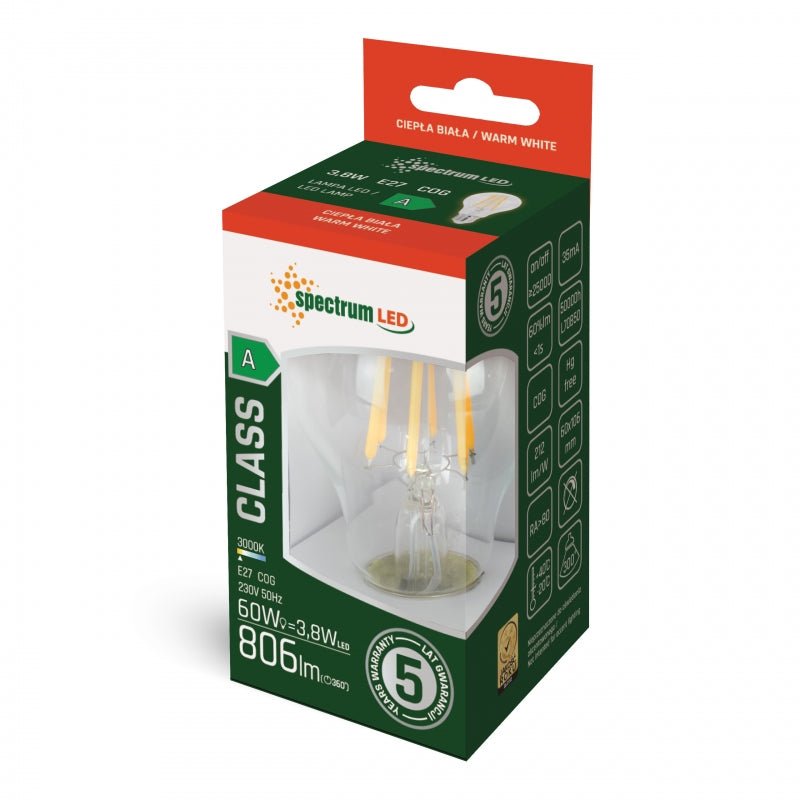 Ampoule Spectrum LED GLS E27 3.8W 3000K blanc chaud 806 lumens verre transparent Classe A filament COG 230V garantie 5 ans