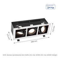 Spectrum LED recessed frame for 3x GU10, White aluminum housing, 3x10W max, 250V, IP20 indoor lighting