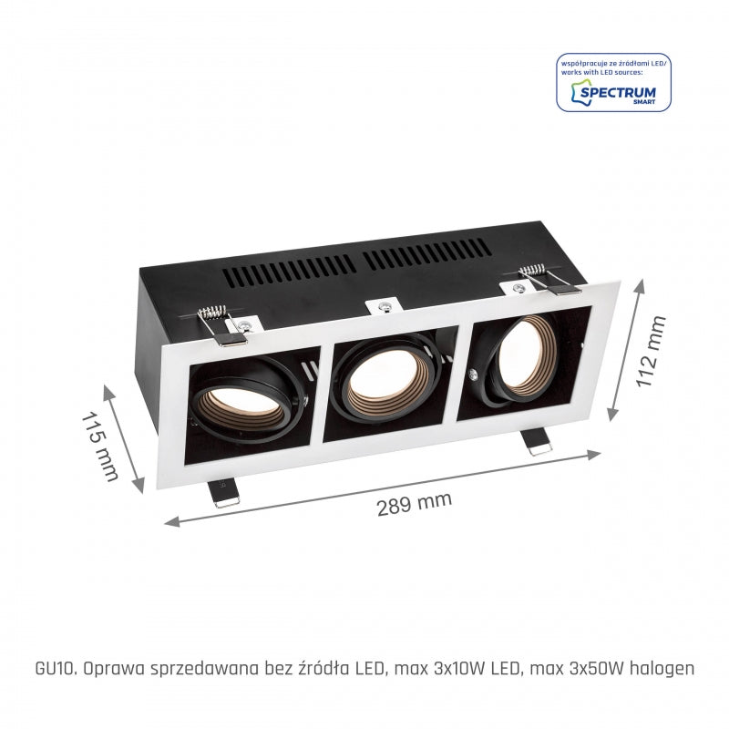 Cadre encastré Spectrum LED pour 3x GU10, boîtier en aluminium blanc, 3x10W max, 250V, éclairage intérieur IP20