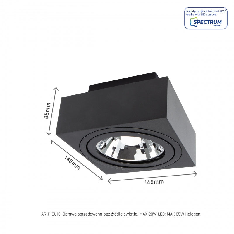 Spot LED en saillie Spectrum MIRORA AR111 GU10 Noir orientable 20W 250V IP20 145x145x85mm