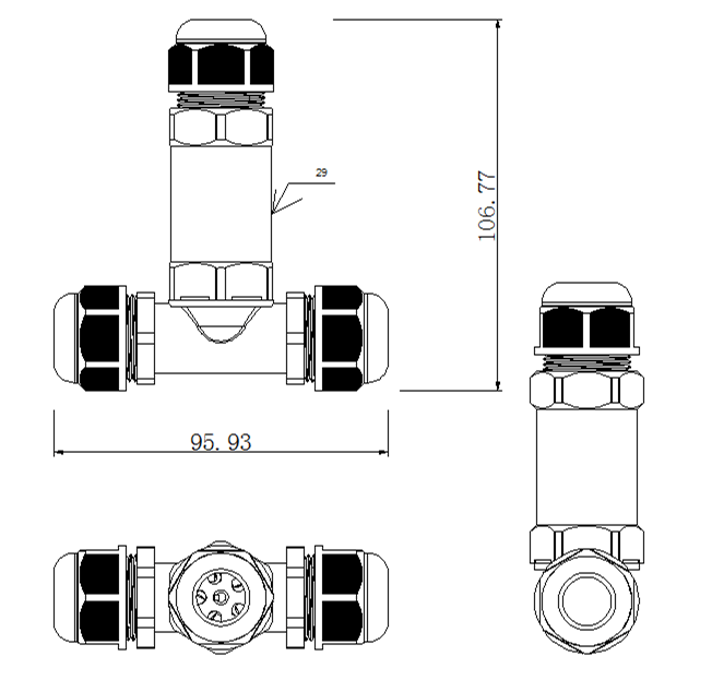 Lcb waterproof cable connector t-split 3 poles 95.93-106.77mm² IP68