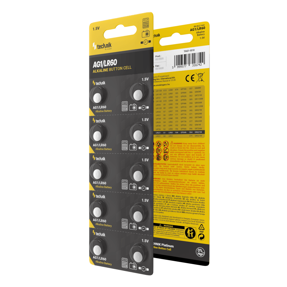 Piles bouton alcalines Technik AG1 LR60 364 1.5V pack de 10 piles fiables pour montres et appareils électroniques