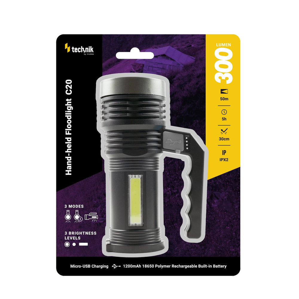 Projecteur portatif Technik C20 XPE+COB LED 300 lumens rechargeable batterie 18650 USB IPX2 Blanc