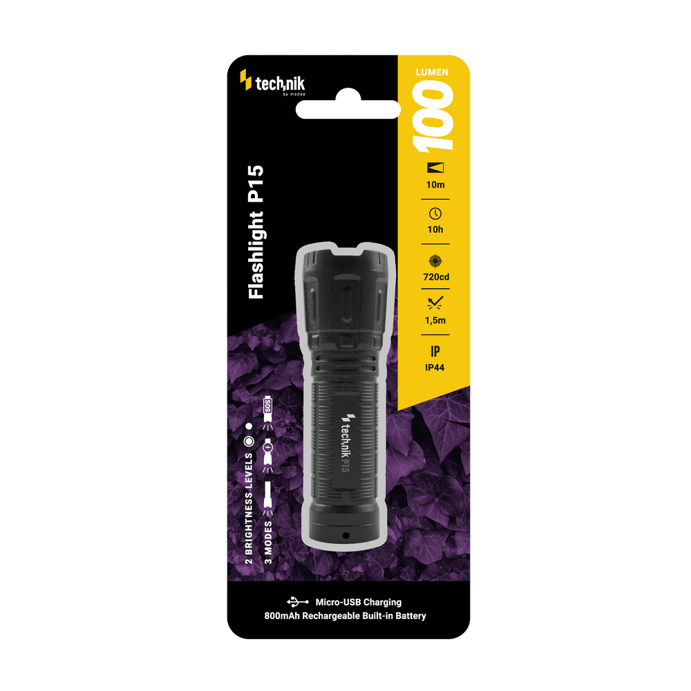 Lampe de poche rechargeable Technik P15 100 lumens LED XPE, IP44, 800mAh micro USB, autonomie 10h, Blanc