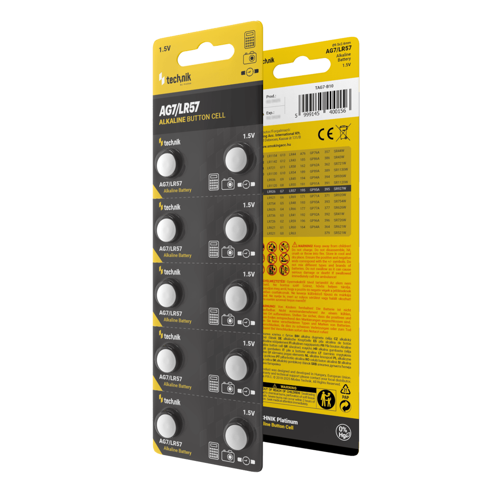 Technik Platinum pile bouton alcaline 1.5V AG7 LR57 371 SR920W, pack de 10 piles bouton fiables