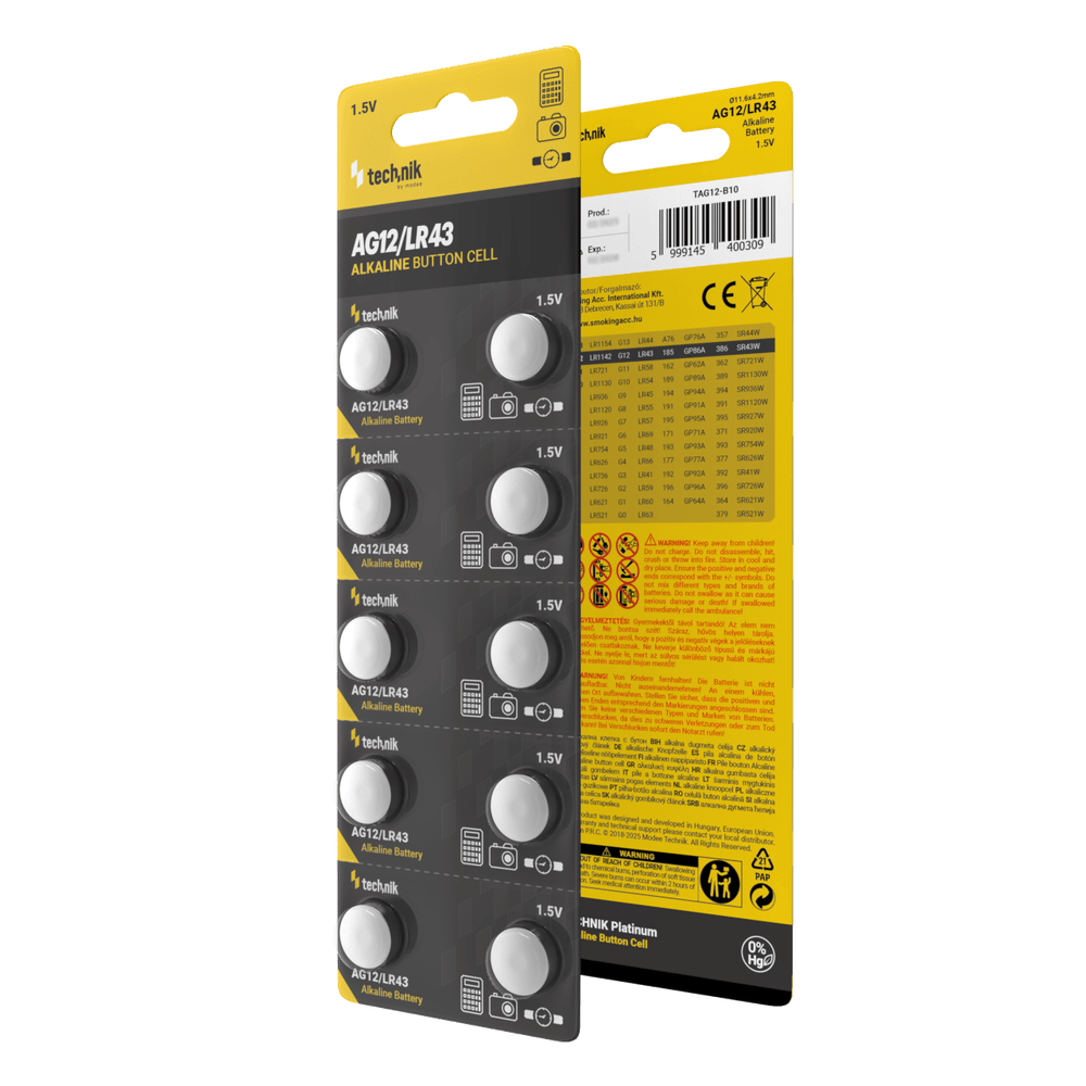 Technik Platinum Pile Bouton Alcaline AG12 LR43 186 386 1.5V B10 paquet de 10 pour montres et petits appareils