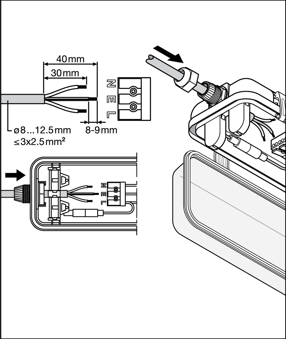 Luminaire tube LED Tsong 120cm IP65 étanche pour deux tubes LED, finition aluminium doré mat