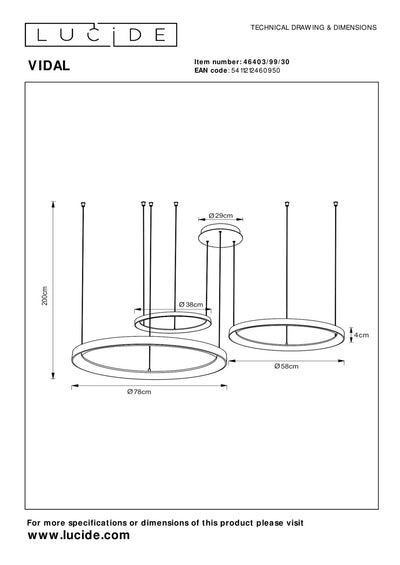 Suspension LED Lucide VIDAL 78 cm noir 120W 2700K dimmable