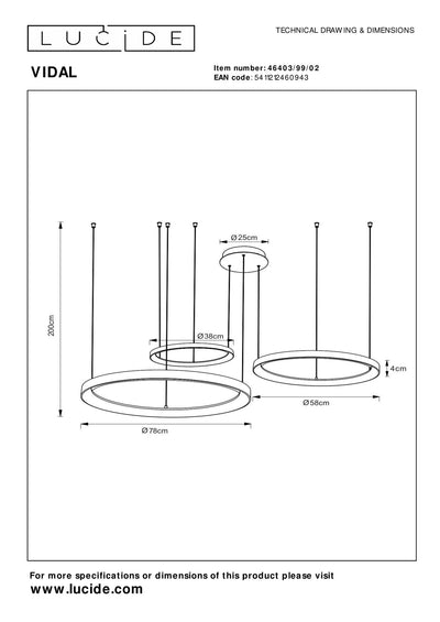 Suspension LED Lucide Vidal Ø78 cm 2700K or mat