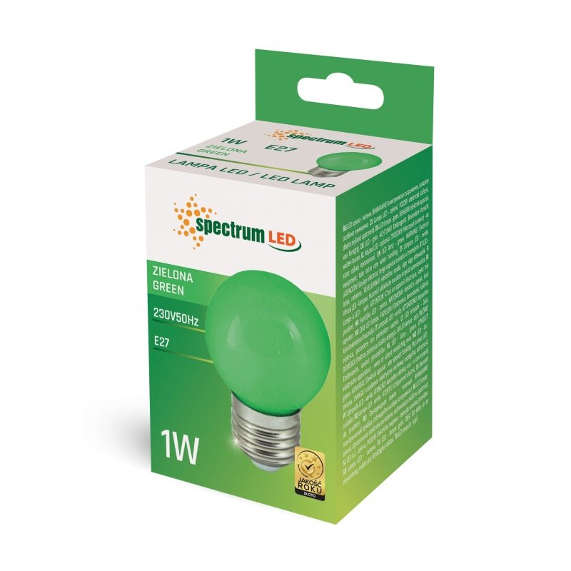 Lampe LED Spectrum G45 vert 1W avec culot E27, 230V, angle de faisceau 270°, 17000 heures, CRI 80, IP20, usage intérieur