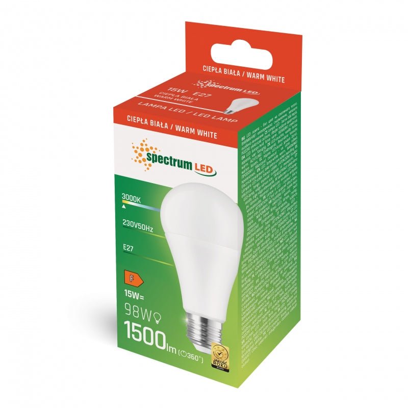 Lampe LED Spectrum E27 15W 3000K blanc chaud avec 1500 lumens et faisceau lumineux de 270° pour usage intérieur
