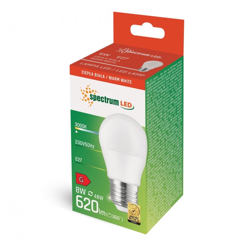 Spectrum LED lamp G45 E-27 230V 8W 710 lumen 3000K warm white light 160° beam angle 17000h