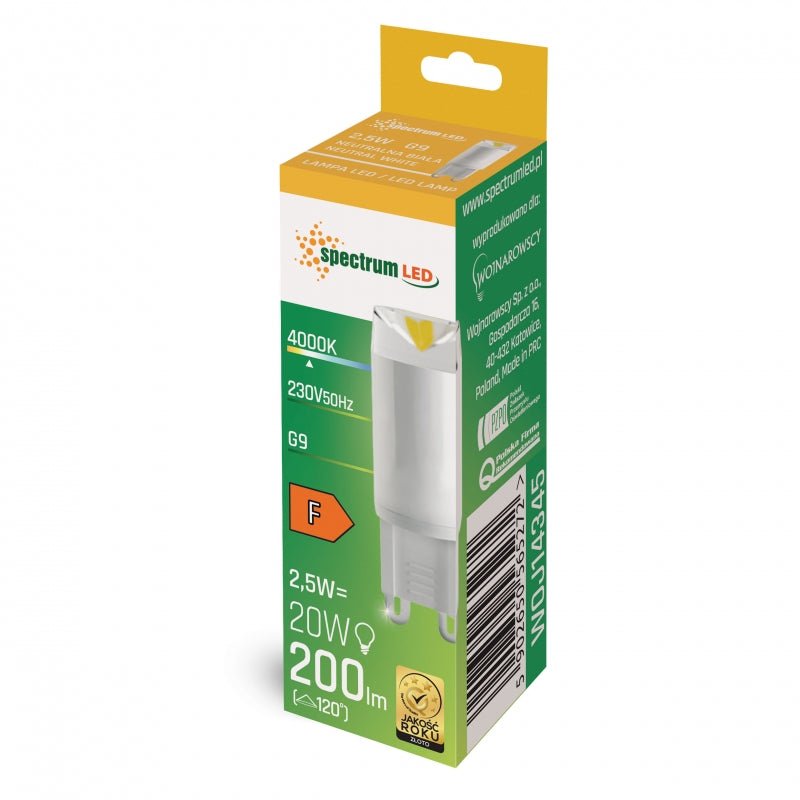 Lampe Spectrum LED G9 230V 2.5W 4000K blanc neutre, 200 lumens, angle de faisceau 100°, céramique, non dimmable, CRI 80