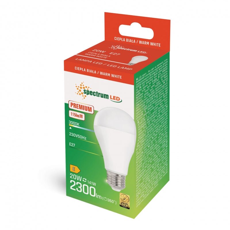 Lampe LED Spectrum A65 20W E27 3000K, 2300 lumens éclairage blanc chaud, IP20, angle de faisceau de 160°, non dimmable